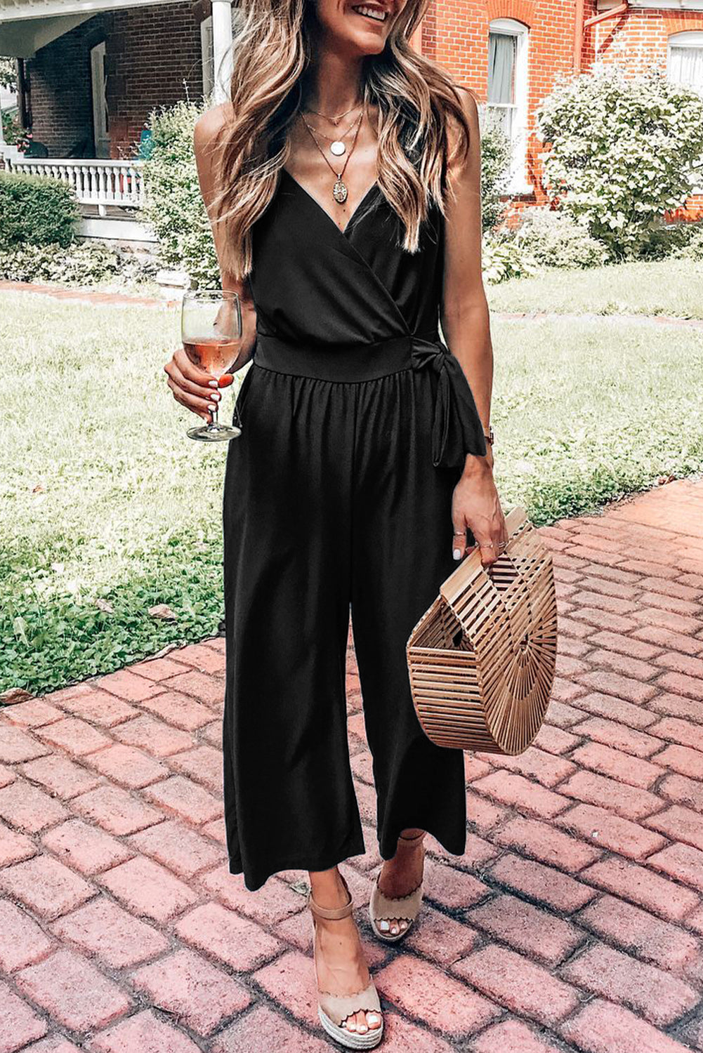 Casual Surplice V Neck Knot Wide Leg Jumpsuit