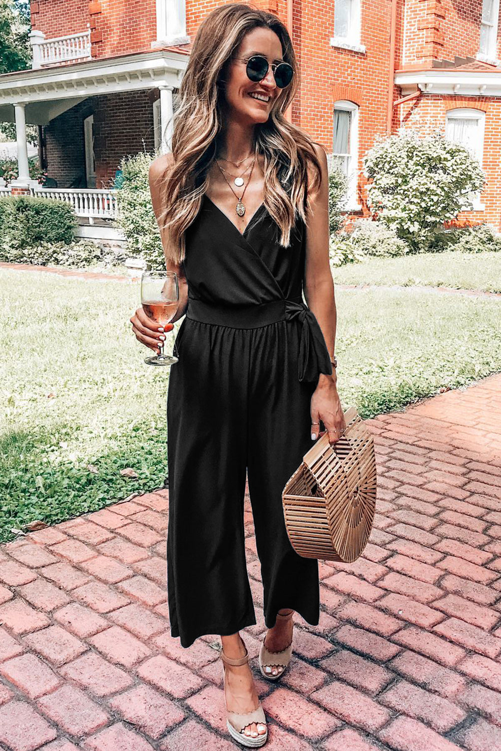 Casual Surplice V Neck Knot Wide Leg Jumpsuit