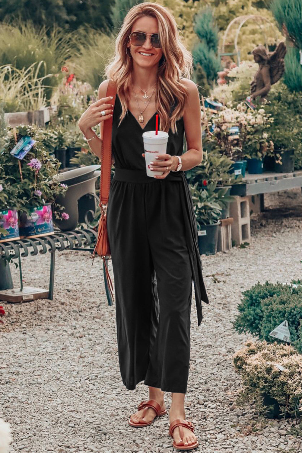 Casual Surplice V Neck Knot Wide Leg Jumpsuit