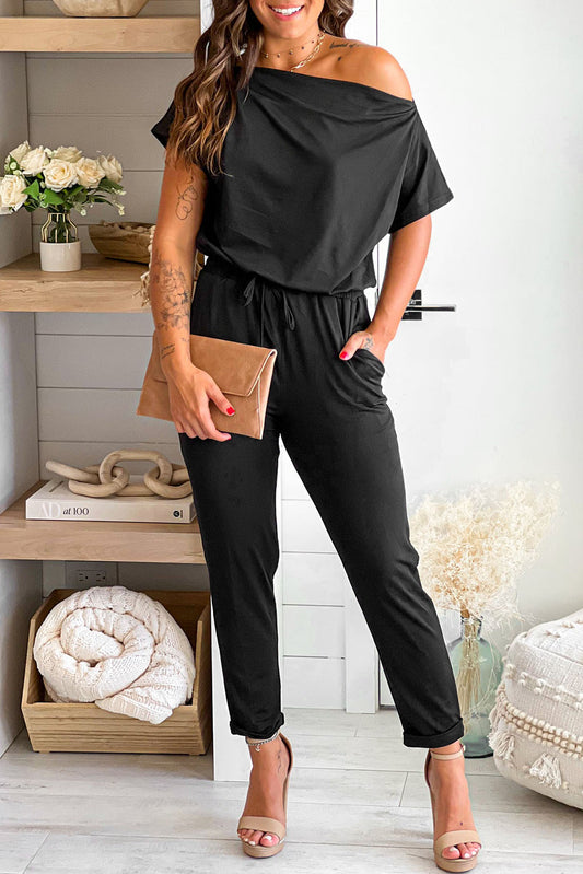 Tie Waist Off Shoulder Short Sleeve Tapered Jumpsuit