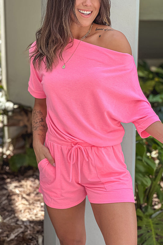 Asymmetrical Short Sleeves Drawstring Pocket Romper