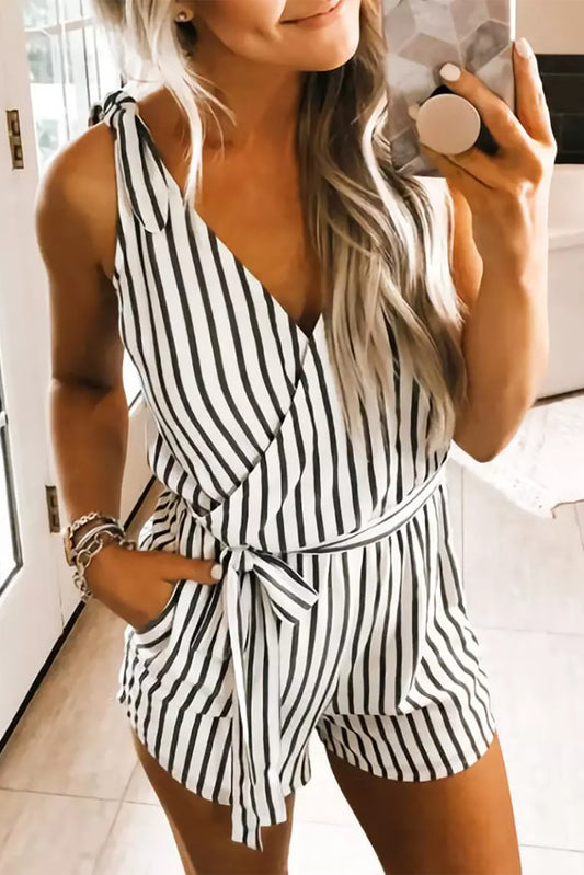 Striped Print V Neck Sleeveless Belted Romper